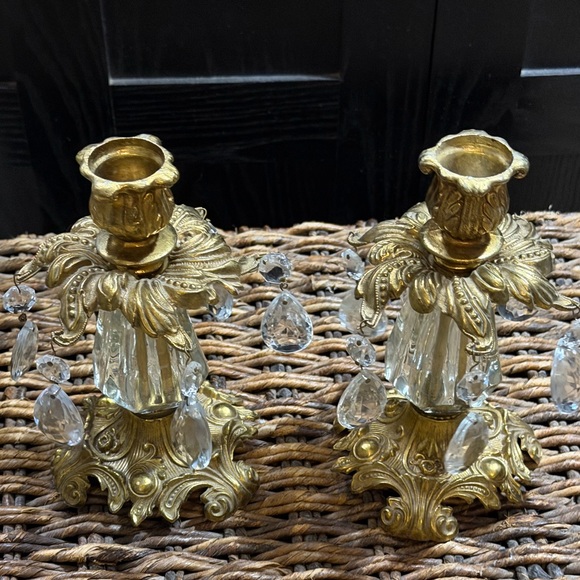 Hollywood glam 2 Vtg L&L WMC 1973 Brass & Glass Regency CANDLE STICK HOLDERS